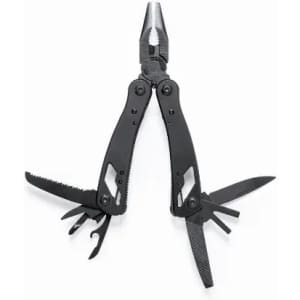 A multi-tool with black handles, featuring pliers, a saw, and various blades, all compactly designed.