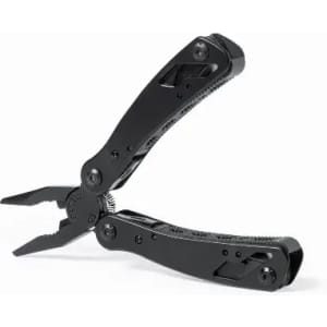 A black multi-tool with pliers and various tools integrated into the handle. It has a textured grip and a sleek design.