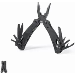 A black multi-tool with pliers and various utility blades, showcased in an open position.