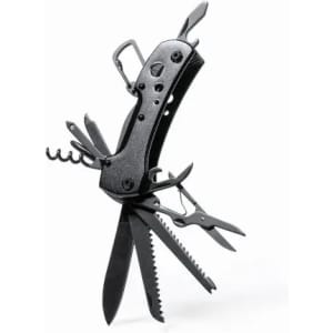 A multi-tool with a black handle and various tools, including scissors, knives, and a corkscrew.