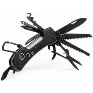 A multi-tool with various blades and tools, featuring a black handle and metallic components.