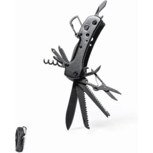 A multi-tool knife with various functions, featuring a black handle and multiple blades, including scissors and a saw.