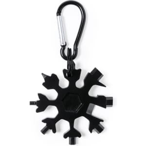 A multi-tool shaped like a snowflake in black, featuring various tool edges and a carabiner clip.