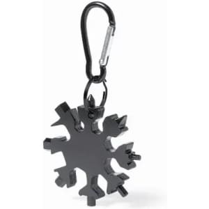 A black snowflake-shaped keychain with a metal carabiner attachment.