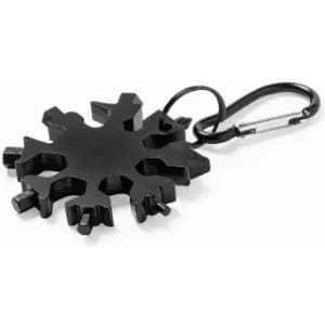 A black snowflake-shaped multi-tool with various edges, featuring a carabiner for attachment.