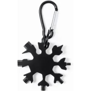 A black multi-tool shaped like a snowflake, featuring a carabiner attachment for convenience.