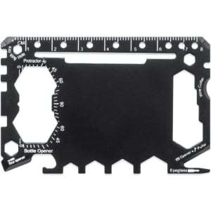 A multi-tool credit card-sized gadget in black, featuring various measurements and functions like a bottle opener and eyeglass screwdriver.