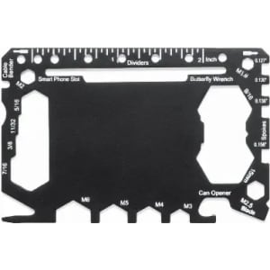 A multi-tool card in black, featuring various measurement markings, cutouts, and a can opener. It has a logo.