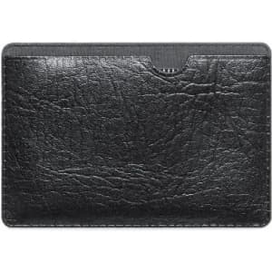 A cardholder featuring a textured black leather finish, designed for storing cards securely.