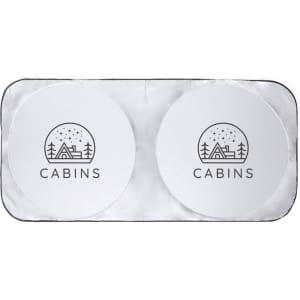 A drink bottle with a white body featuring two circular sections and a logo of a cabin scene.