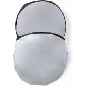 A foldable reflector with a silver surface, featuring a black trim around the edge.