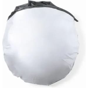 A round promotional product in silver with a black top, featuring a logo or branding.