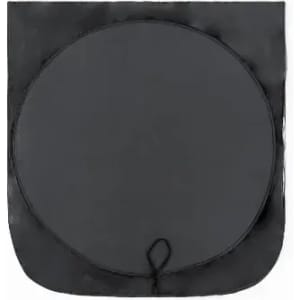 A black round mat with a flat surface and a hanging loop at the bottom. Features a smooth texture.
