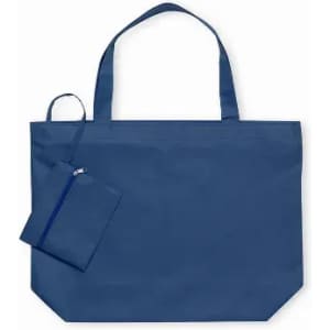 A blue tote bag with two handles and a smaller pouch attached. The bag has a simple design and features a logo.