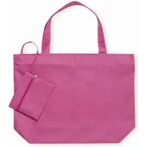 A pink tote bag with two handles, accompanied by a small zippered pouch in the same colour.