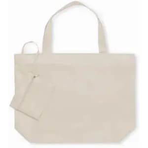 A tote bag in a light beige colour with two handles and a small attached pouch. It features a logo.