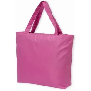 A pink tote bag with two handles, featuring a simple design and made from durable material.