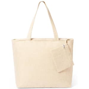 A tote bag in a light beige colour, featuring long handles and a small, detachable zippered pouch.