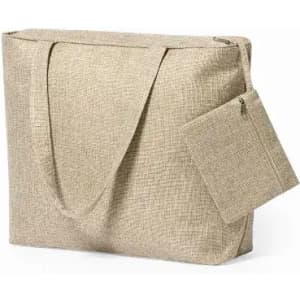 A beige tote bag with a textured fabric finish and a smaller matching zippered pouch attached.