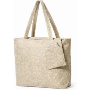 A tote bag in a natural beige colour with two handles and a zippered pocket on the front. It features a textured fabric.
