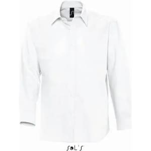 A white long-sleeve oxford shirt with a logo on the collar, designed for men.