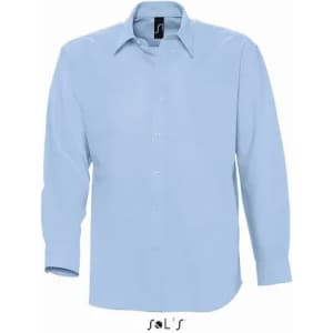 A light blue long sleeve Oxford men's shirt featuring a collar and button-front design, with a logo on the tag.