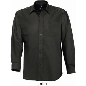 A long sleeve Oxford men's shirt in a dark green colour, featuring a chest pocket and a logo on the neckline.