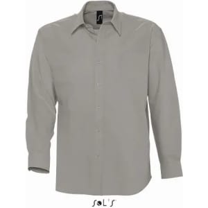A long-sleeve oxford men's shirt in light grey with a collar and button-down front, featuring a logo.