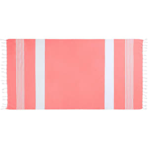 A coral beach towel with white stripes and fringed edges, featuring a simple, stylish design.