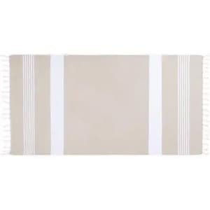 A beige towel with white stripes and fringed edges. It features a simple, elegant design.