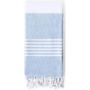 A blue and white striped towel with fringed edges, featuring a light blue fabric and white accents.