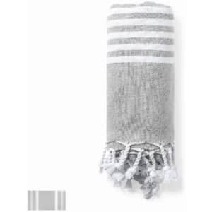 A rolled towel featuring grey and white stripes with tasselled ends, displayed against a plain background.