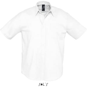 A short sleeve white men's Oxford shirt with a pocket and a logo on the collar.