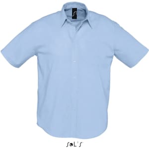 A light blue short sleeve men's oxford business shirt with a collar, featuring a logo on the tag.