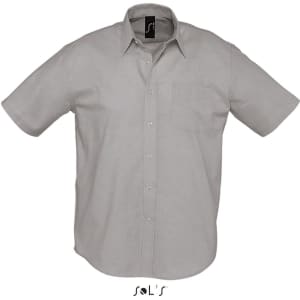 A short sleeve men's shirt in light grey with a pocket, featuring a black logo.