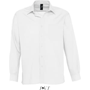 A white long sleeve poplin shirt for men, featuring a button-up design and a collar. It has a logo on the label.