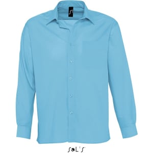 A men's long sleeve poplin shirt in a light blue colour, featuring a button-up front and a chest pocket.