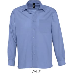 A light blue men's long sleeve poplin shirt with a chest pocket and a logo on the label.