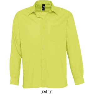 A long sleeve poplin shirt in bright lime green with a collar and buttons, featuring a logo on the tag.