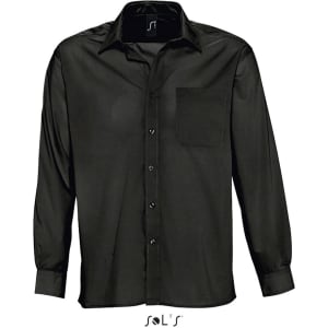 A black long sleeve poplin shirt for men with a pocket and a branded label.