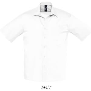 A white short sleeve poplin men's shirt with a logo on the collar. Features a pocket on the front.