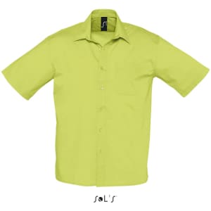 A short sleeve men's shirt in bright lime green with a collar and buttons, featuring a logo.