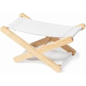 A footrest featuring a white fabric cover and a natural wooden frame, designed for comfortable seating.