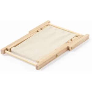 A wooden folding frame with a beige fabric surface, laid flat. It has a simple, minimalist design.