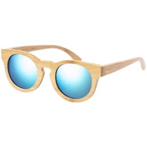 Sunglasses with wooden frames and blue mirrored lenses, featuring a rounded shape and a stylish design.
