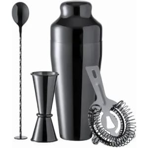 A black cocktail shaker set featuring a shaker, jigger, strainer, and stirring spoon. The set has a sleek design.