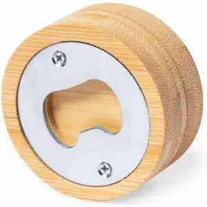 A bottle opener with a wooden exterior and a chrome opening mechanism. Features a round design and a logo.