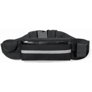 A black adjustable waist bag with a zippered compartment and reflective strip. It features a secure fastening system.