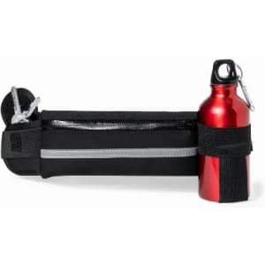 A drink bottle in metallic red, housed in a black holder with a storage pocket and adjustable straps.