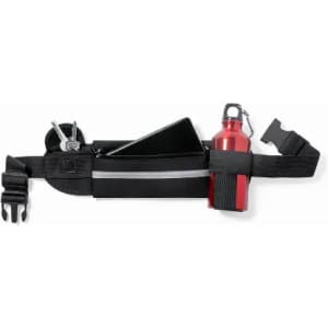 A drink bottle in red is attached to a black waist belt, which also holds a small bag and a clip.